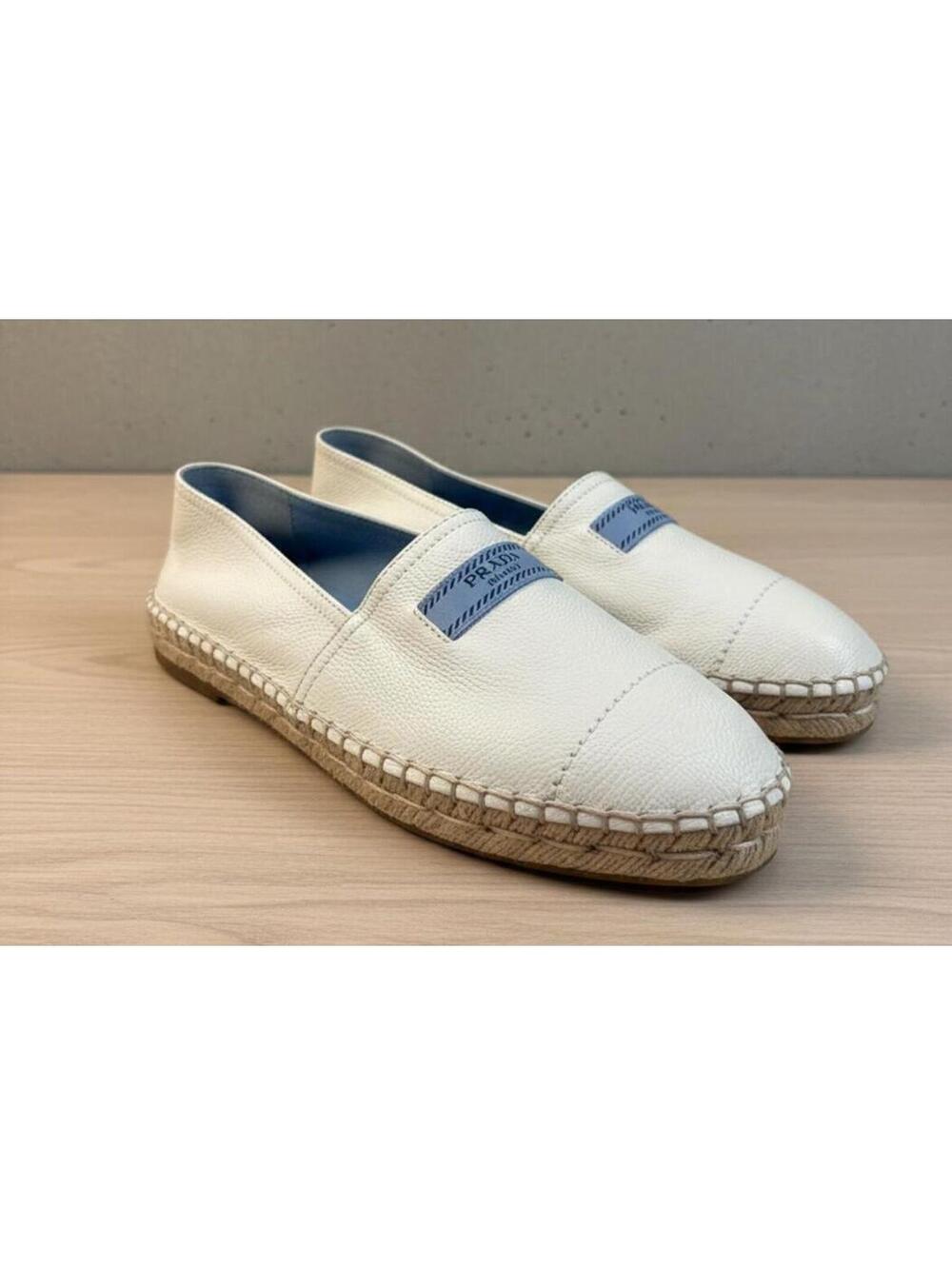 PRADA White Grained Leather Espadrilles Blue Logo Patch Eu 38.5 (UNISEX M6 W8.5)